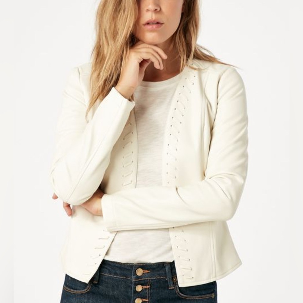 Just Fab Womens Whip Stitch Jacket Faux Leather‎ Open Front Ecru XL NEW $69